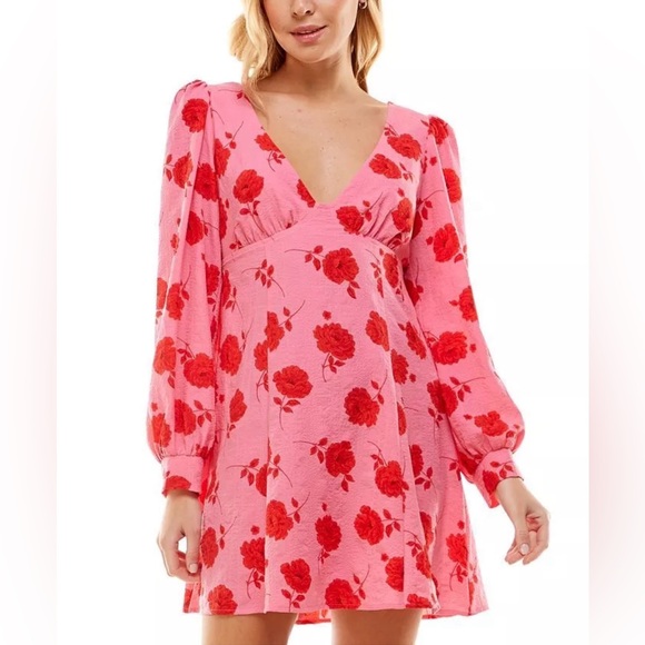 Crystal Doll Womens‎ Pink Floral Puff Sleeve Short Mini Dress Juniors Small - Picture 1 of 8